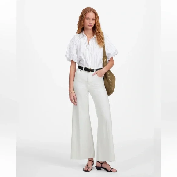 Madewell Flared Wide Leg Jeans NWT Size 32 Cream Off White Cropped Raw Hem - Picture 2 of 12